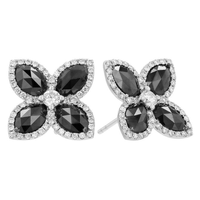 Black & White Flower Post Earrings in White Gold