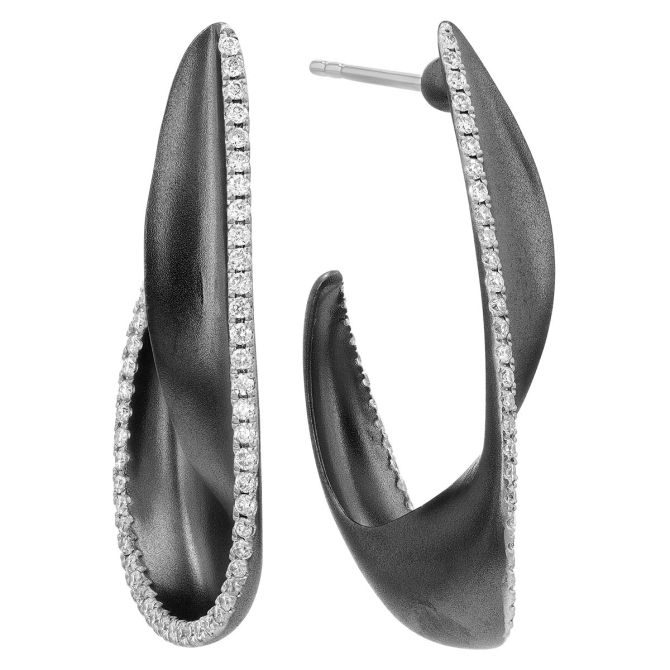 Diamond Twist Flat Hoop Earrings in White Gold & Matte Black Rhodium