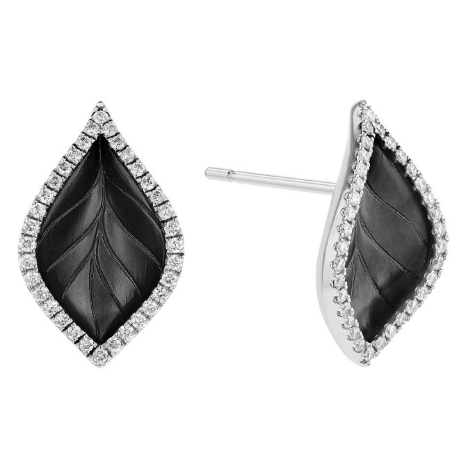 Black Rhodium & Diamond Halo Leaf Stud Earrings in White Gold