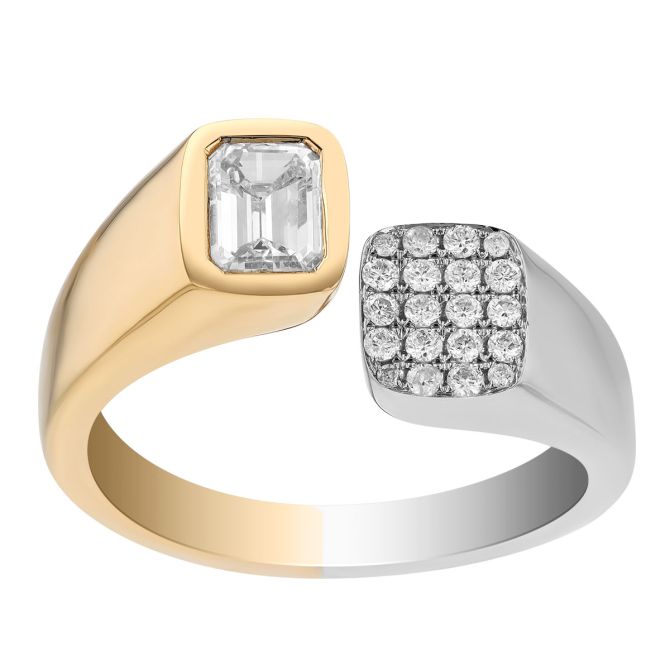 Emerald Cut Diamond & Pave Bypass Hug Ring in Yellow & White Gold