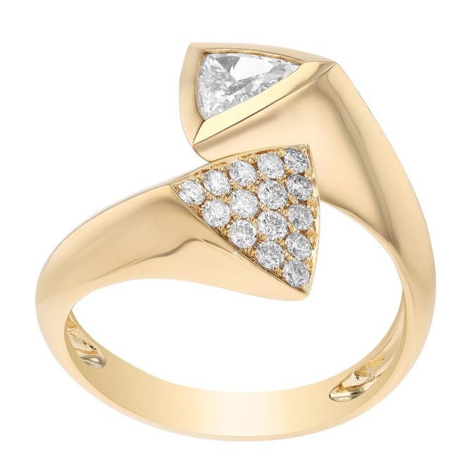 Trillion Cut Diamond & Pave Bypass Hug Ring in Yellow Gold