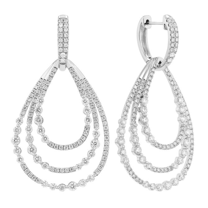 Multi-Sized Diamond Triple Teardrop Shape Dangle Earrings in White Gold