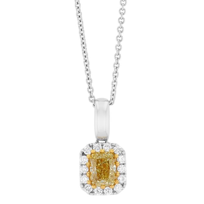 Emerald Cut Yellow Diamond & White Diamond Halo Pendant in White Gold