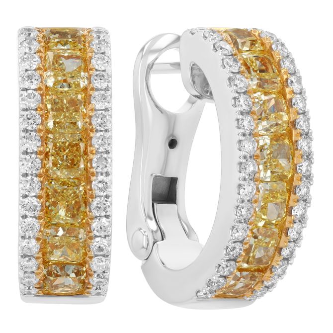 Princess Cut Yellow Diamond & White Diamond Channel Set Hoop Earrings in White Gold