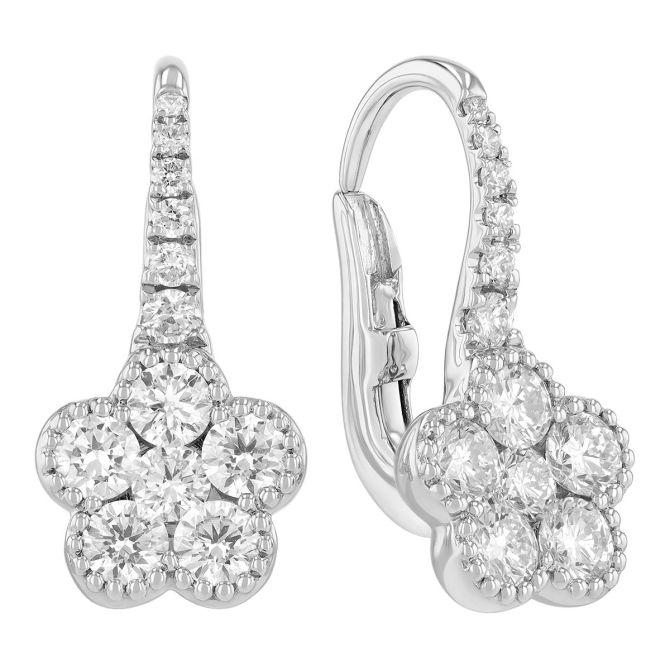 Diamond Floral Cluster Drop Earrings in White Gold