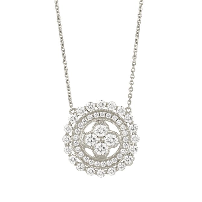 Doves Diamond Milgrain Cluster & Halo Round Necklace in White Gold, 18"