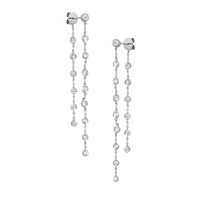 Doves Bezel Set Diamond Chain Dangle Front-Back Earrings in White Gold