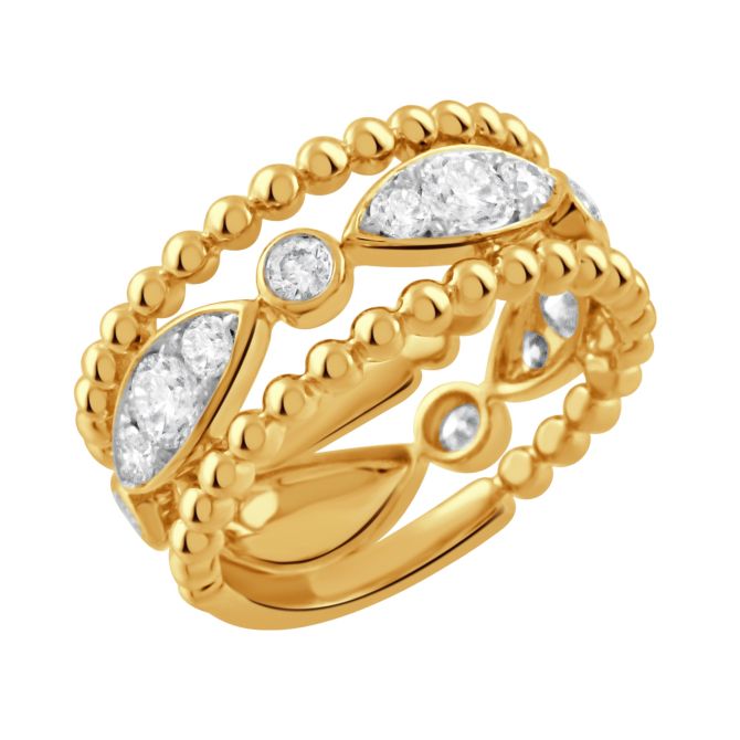 Doves Byzantine Diamond & Bead 3 Row Band Ring in Yellow Gold