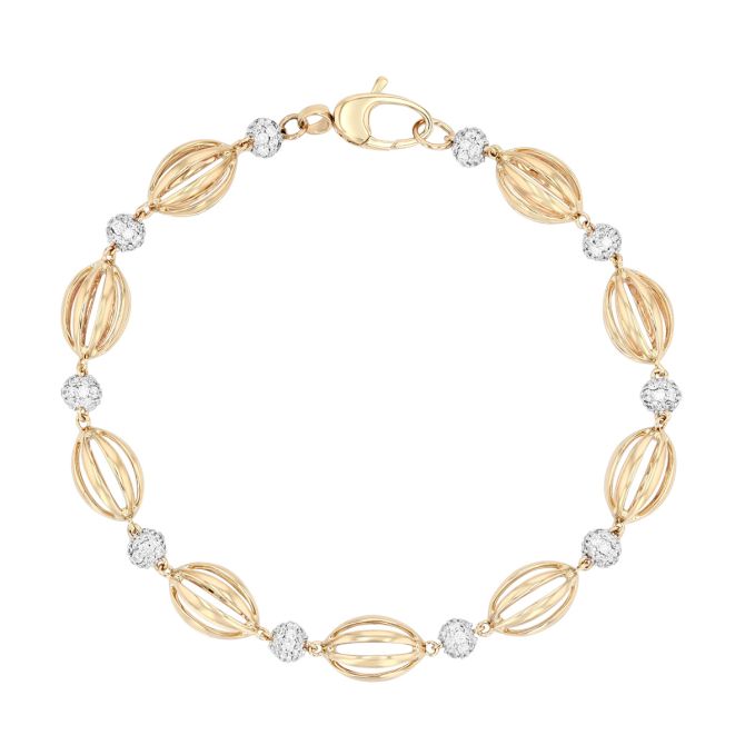 Diamond Pave Bead & Oval Cage Bead Bracelet in Yellow Gold, 7.25"