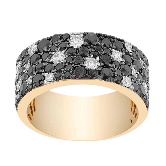 Black & White Diamond Pavé Scatter Wide Band Ring in Yellow Gold