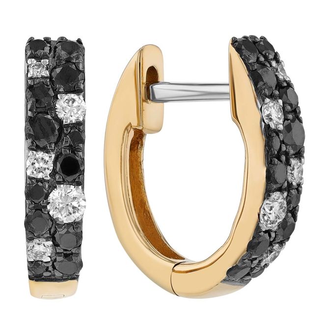 Black & White Diamond 2 Row Huggie Hoop Earrings in Yellow Gold