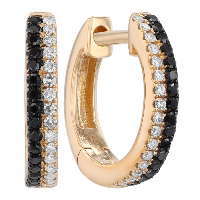 Black & White Diamond 2 Row Huggie Hoop Earrings in Yellow Gold