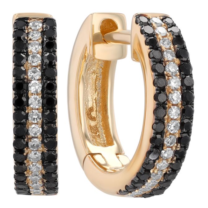 Black & White Diamond 3 Row Huggie Hoop Earrings in Yellow Gold