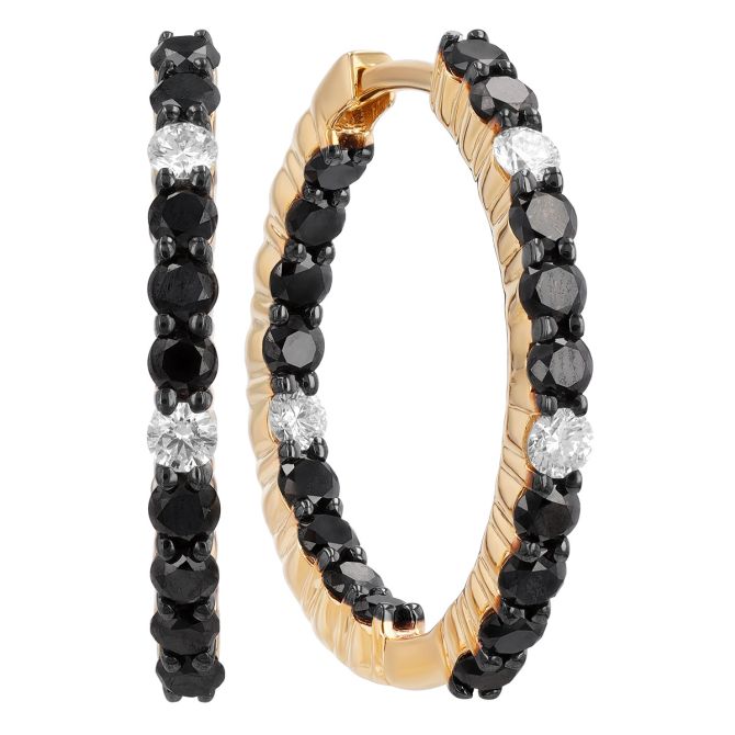 Black & White Diamond In & Out Hoop Earrings in Yellow Gold