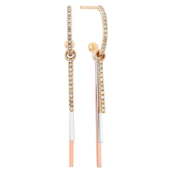 Diamond Tri Tone Vertical Bar Dangle Hoop Earrings