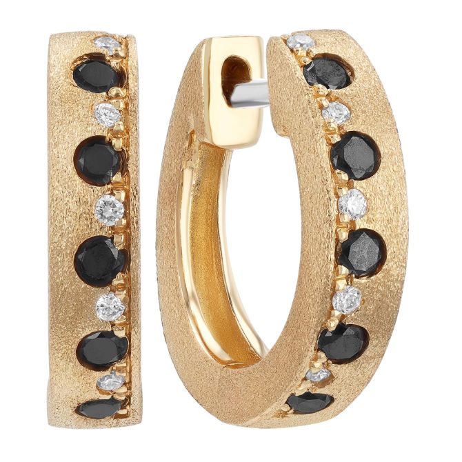 Black & White Diamond Alternating Huggie Hoop Earrings in Yellow Gold