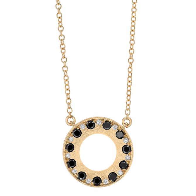 Black & White Diamond Open Circle Pendant in Yellow Gold