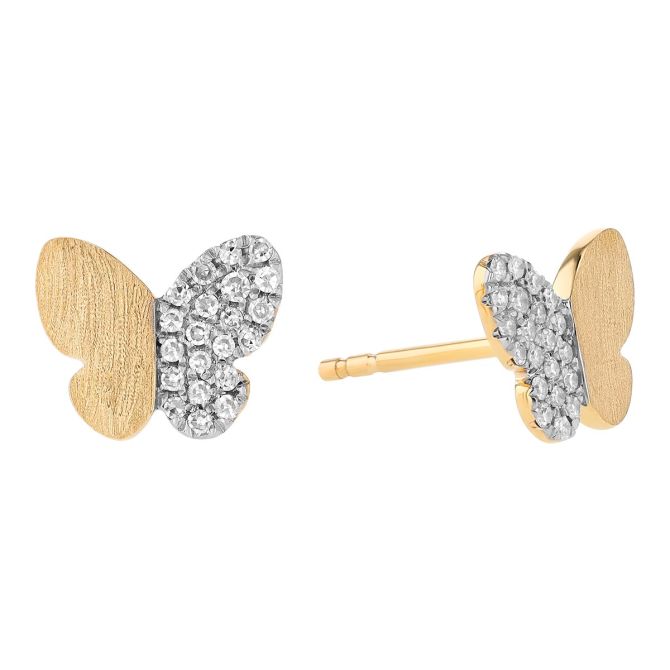 Diamond Half Pave Butterfly Stud Earrings in White & Satin Yellow Gold