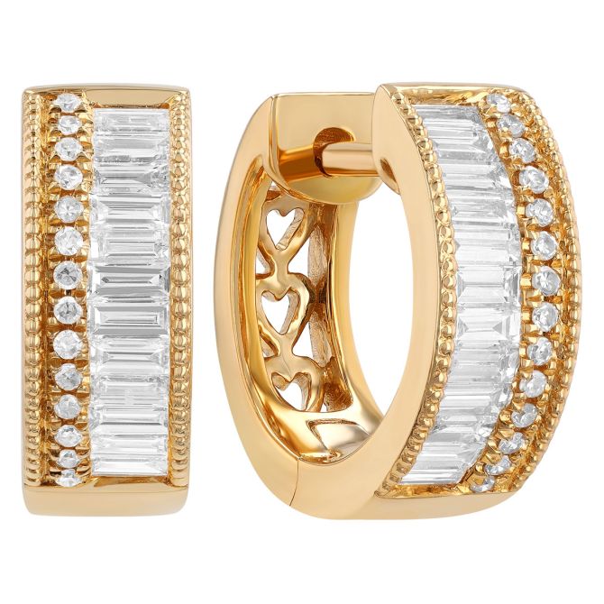 Baguette & Round Diamond 2 Row Huggie Hoop Earrings in Yellow Gold