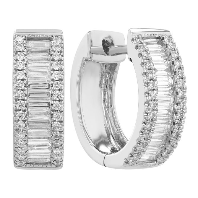 Baguette & Round Diamond 3 Row Huggie Hoop Earrings in White Gold