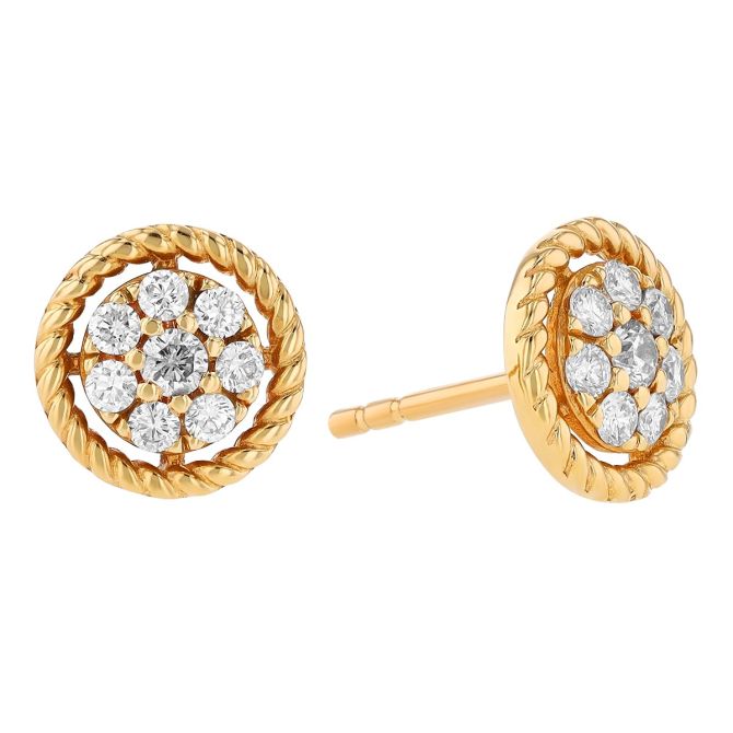 Diamond Round Cluster Twisted Edge Stud Earrings in Yellow Gold