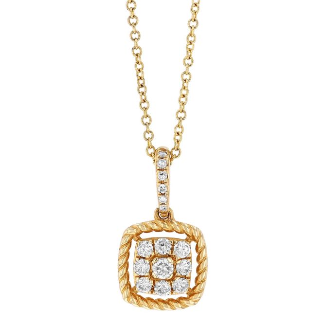 Diamond Pavé Rope Edge Square Pendant in Yellow Gold