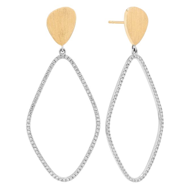 Diamond Open Long Drop Earrings in White Gold with Yellow Gold Posts