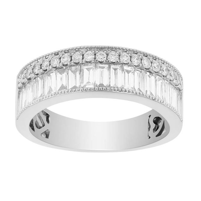 Baguette & Round Diamond 2 Row Ring in White Gold