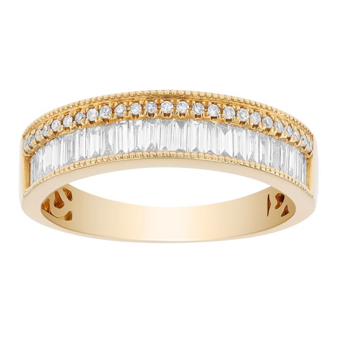 Baguette & Round Diamond 2 Row Ring in Yellow Gold