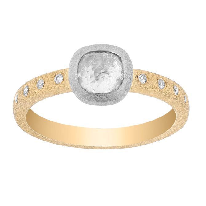 Bezel Set Rose Cut Diamond & Side Stone Ring in Two Tone