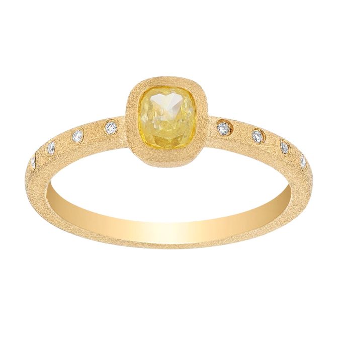 Bezel Set Cushion Cut Yellow Diamond & Side Stone Ring in Yellow Gold