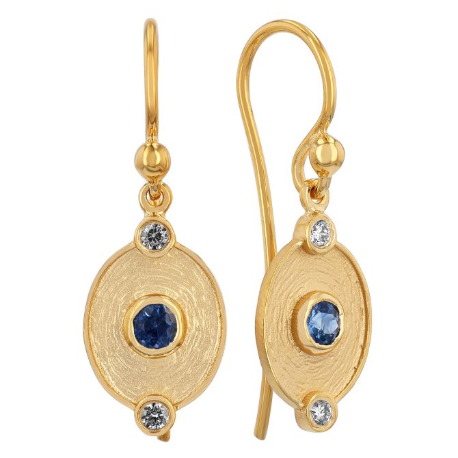 Marika Sapphire & Diamond Oval Dangle Earrings in Yellow Gold