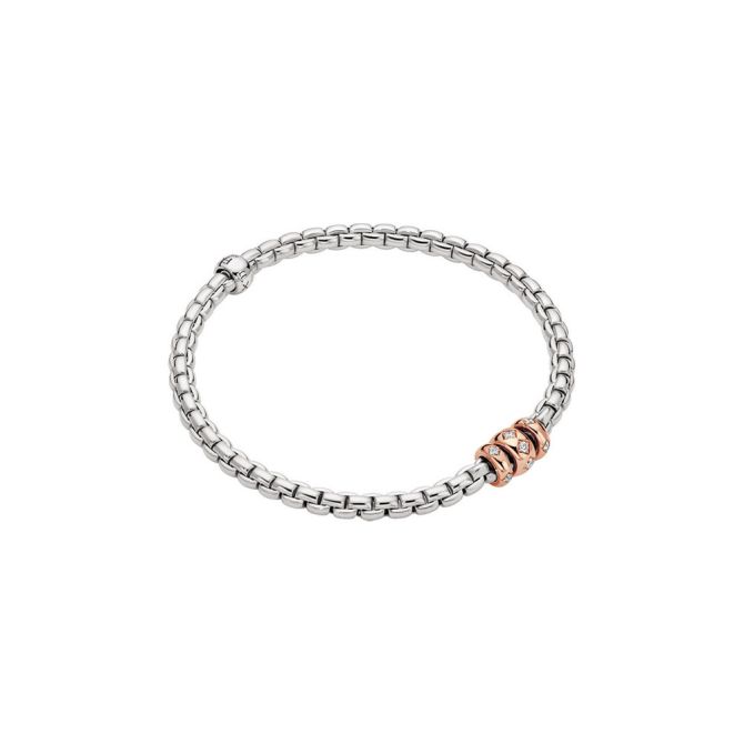 FOPE Eka Flex'It 3 Rondel Bracelet in White & Rose Gold with Rhombus Set Diamonds, Size M