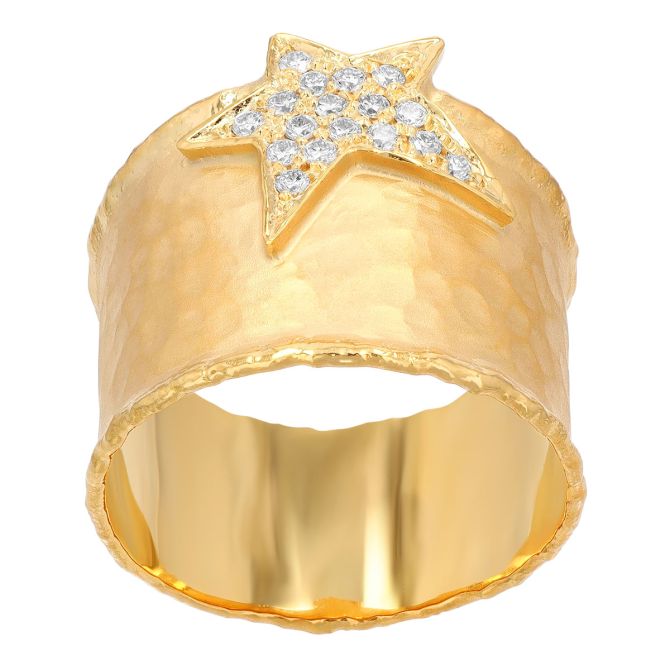 Marika Yellow Gold Wide Band Ring with Diamond Pave Star