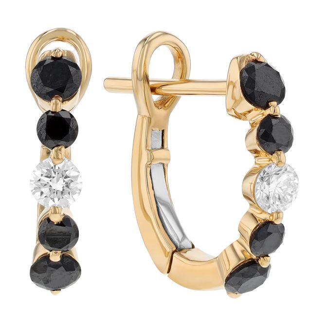 Frederic Sage Black & White Diamond 5 Stone Huggie Hoop Earrings in Yellow Gold