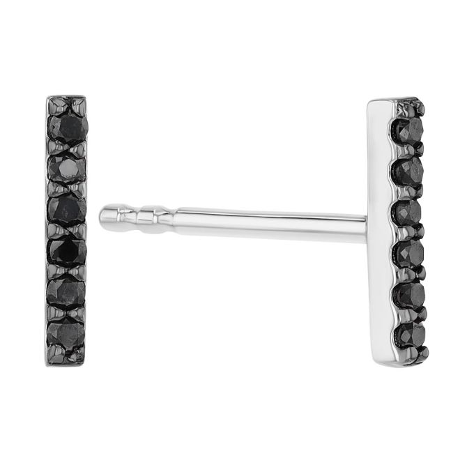 Small Black Diamond Bar Stud Earrings in White Gold