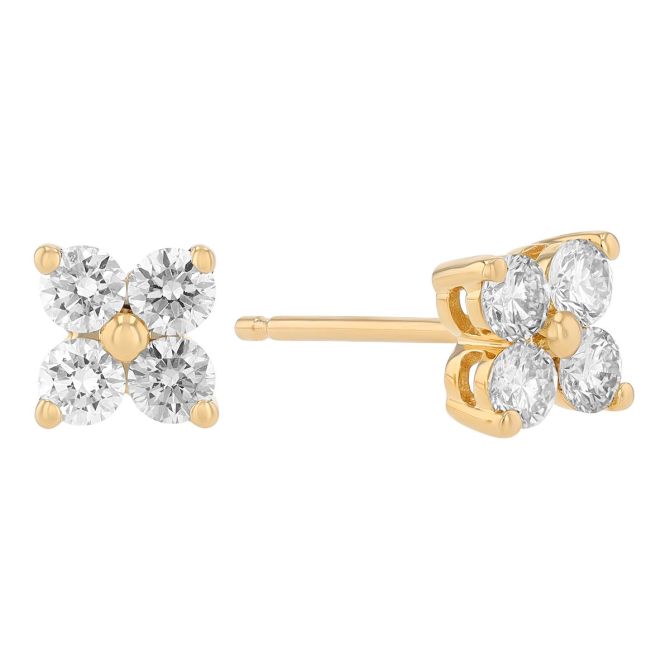 Round Diamond Mini Quartet Cluster Stud Earrings in Yellow Gold