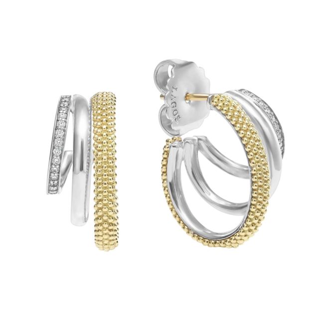 Lagos Caviar Lux Two-Tone Three Ring Diamond Hoop Earrings