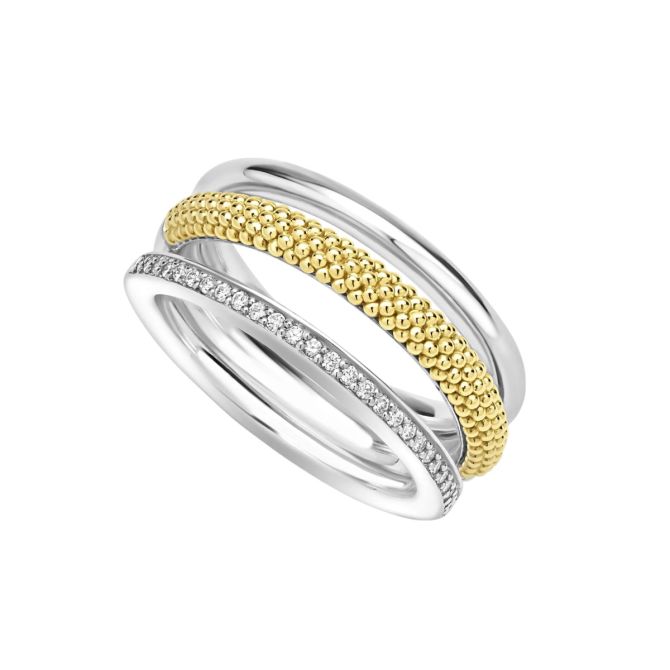 Lagos Caviar Lux Two-Tone Three Row Diamond Ring, Size 7