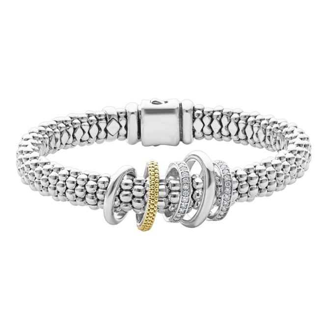 Lagos Caviar Lux Two-Tone Five Ring Diamond 9mm Caviar Bracelet, Medium