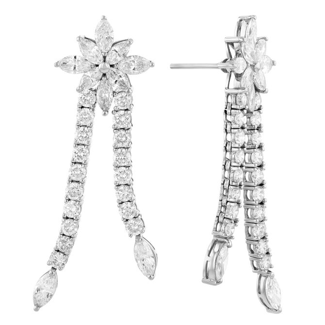 TARA Marquise & Round Diamond Ribbon Dangle Earrings in White Gold