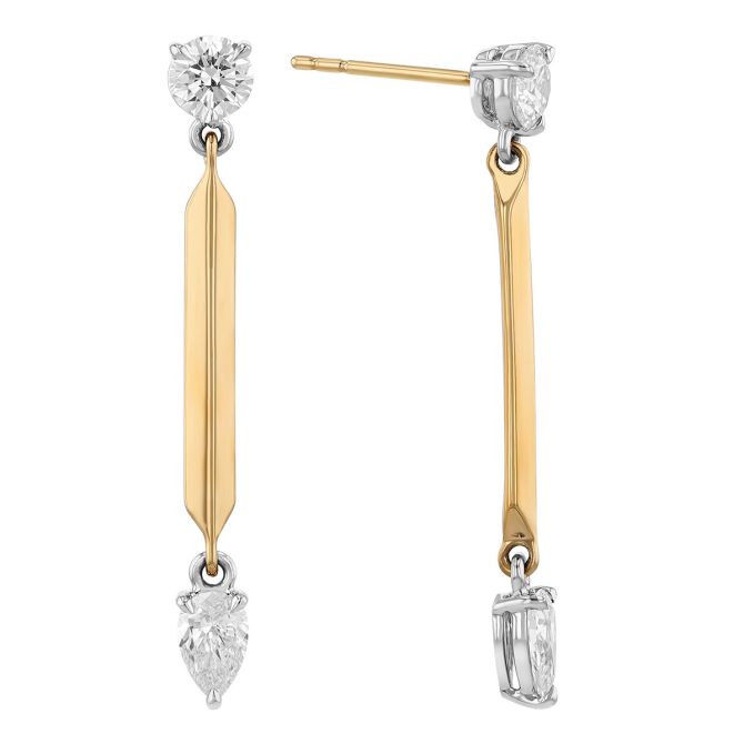 Phillips House Round & Pear Diamond Knife Edge Drop Earrings in Yellow Gold & Platinum, 1.5" L