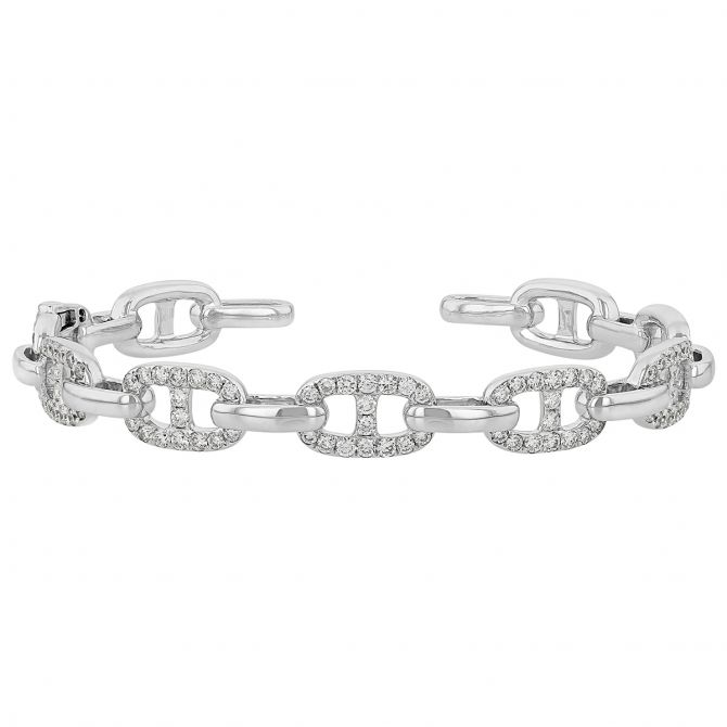 Diamond Pavé Link Patterned Cuff Bracelet in White Gold