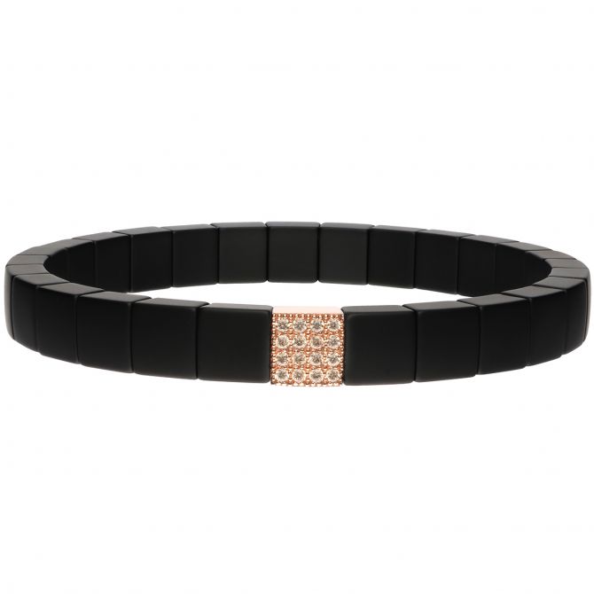 Roberto Demeglio Scacco Stretch Bracelet in Matte Black Ceramic with Rose Gold Diamond Pavé Stati