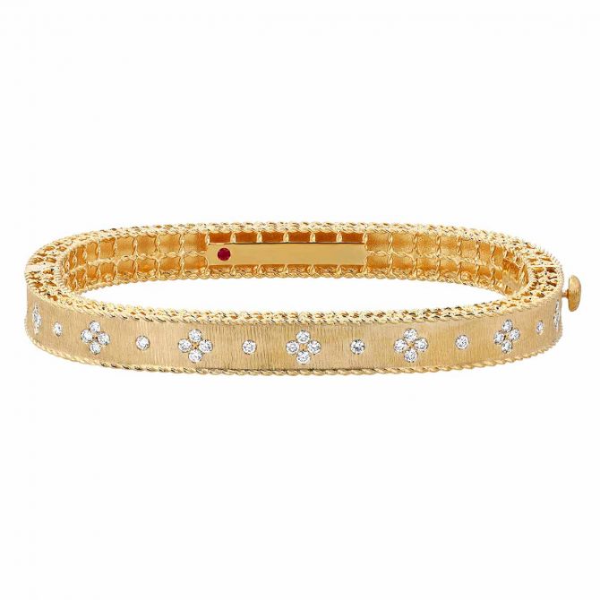 Roberto Coin Princess 18K Gold Satin Finish Bangle with Fleur De Lis Diamonds