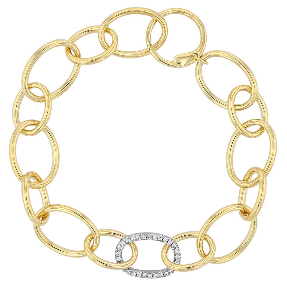 Yellow Gold Link Bracelet with Diamond Pavé Station in White Gold, 8 ...