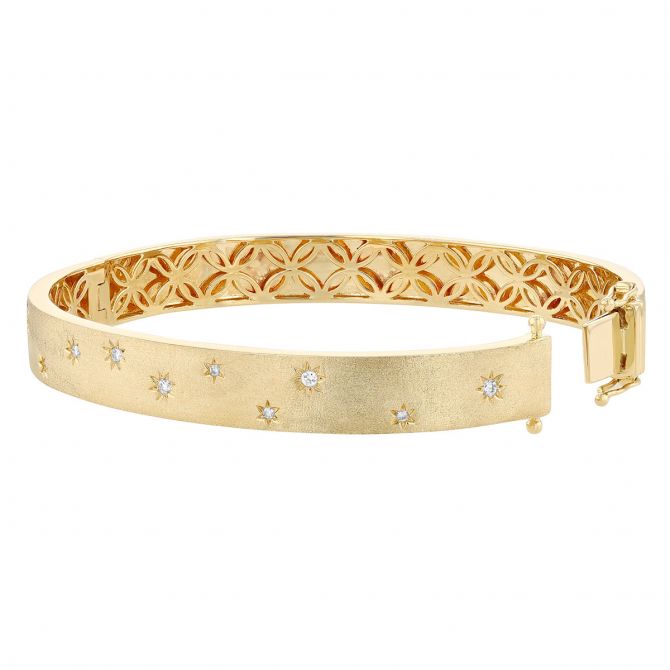 Diamond Scattered Star Pattern Bangle in Satin Yellow Gold