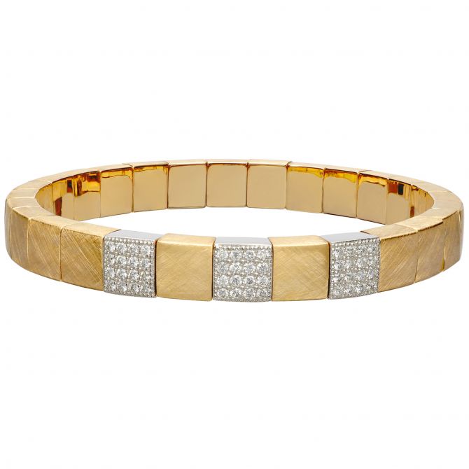 Roberto Demeglio Scacco Stretch Bracelet in Matte Yellow Gold with 3 Diamond Pavé Stations