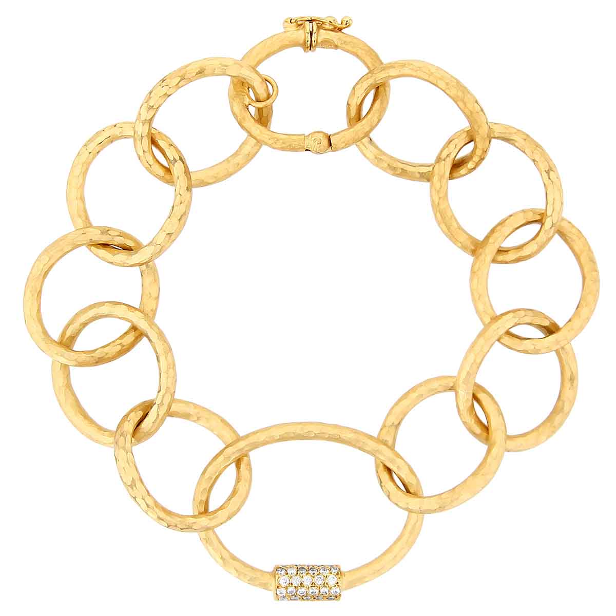 Marika Yellow Gold Hammered Oval Link Bracelet with Diamond Pavé ...