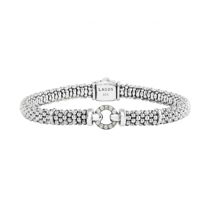 LAGOS Sterling Silver Diamond Station Caviar Bracelet, 7"